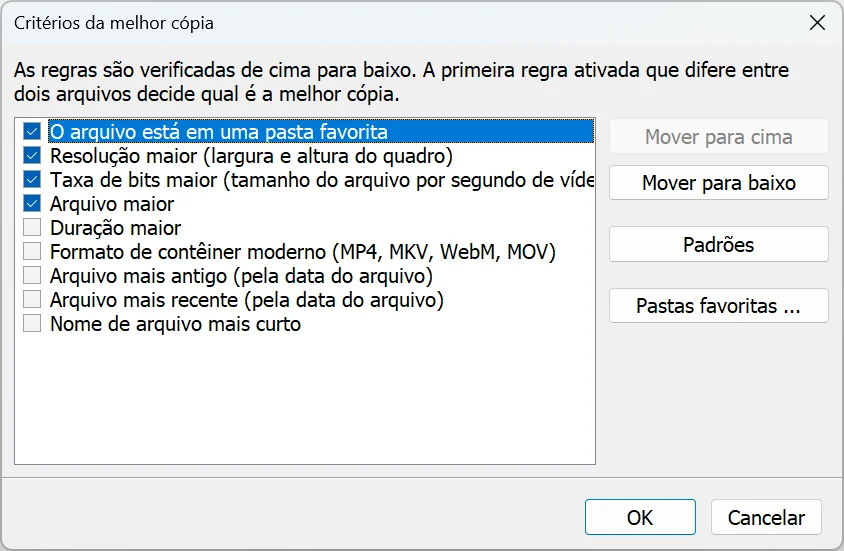 Diálogo de critérios da melhor cópia no Duplicate Video Search