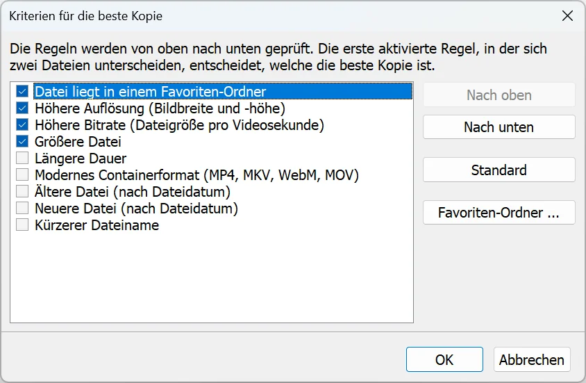 Dialog Kriterien für die beste Kopie in Duplicate Video Search