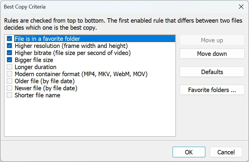 Best Copy Criteria dialog of Duplicate Video Search