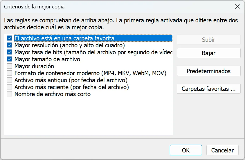 Diálogo de criterios de la mejor copia en Duplicate Video Search