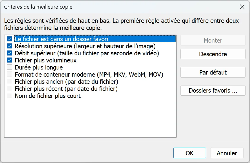 Boîte de dialogue des critères de la meilleure copie dans Duplicate Video Search
