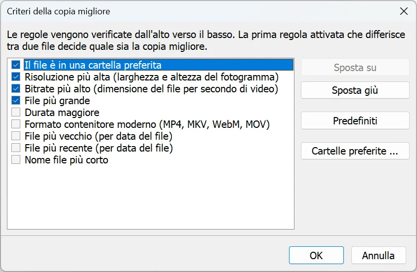 Finestra dei criteri della copia migliore in Duplicate Video Search